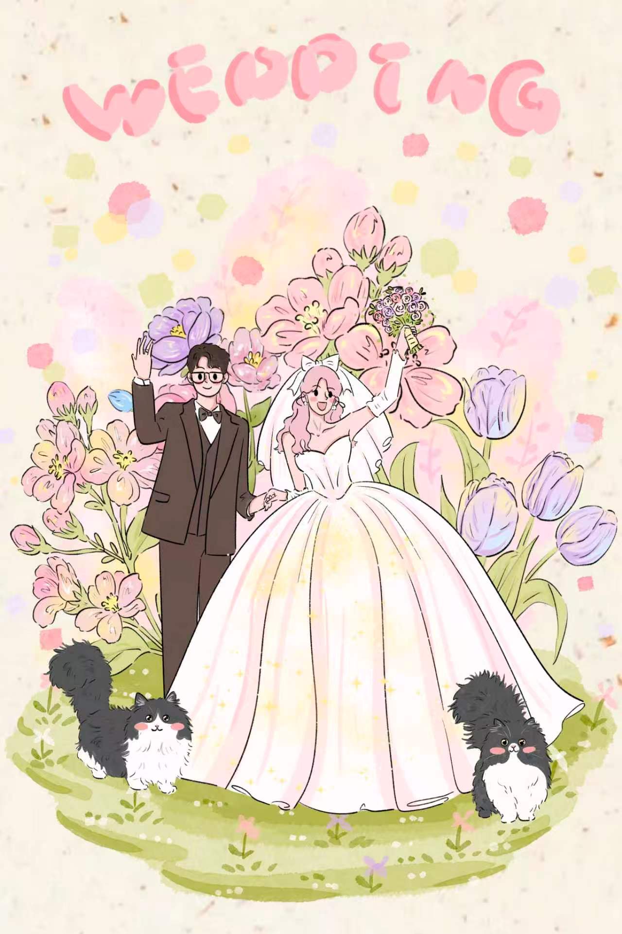 原版手绘粉彩花园婚礼插画：举手的新郎、举起捧花的新娘，以及前景的肉包和泡芙